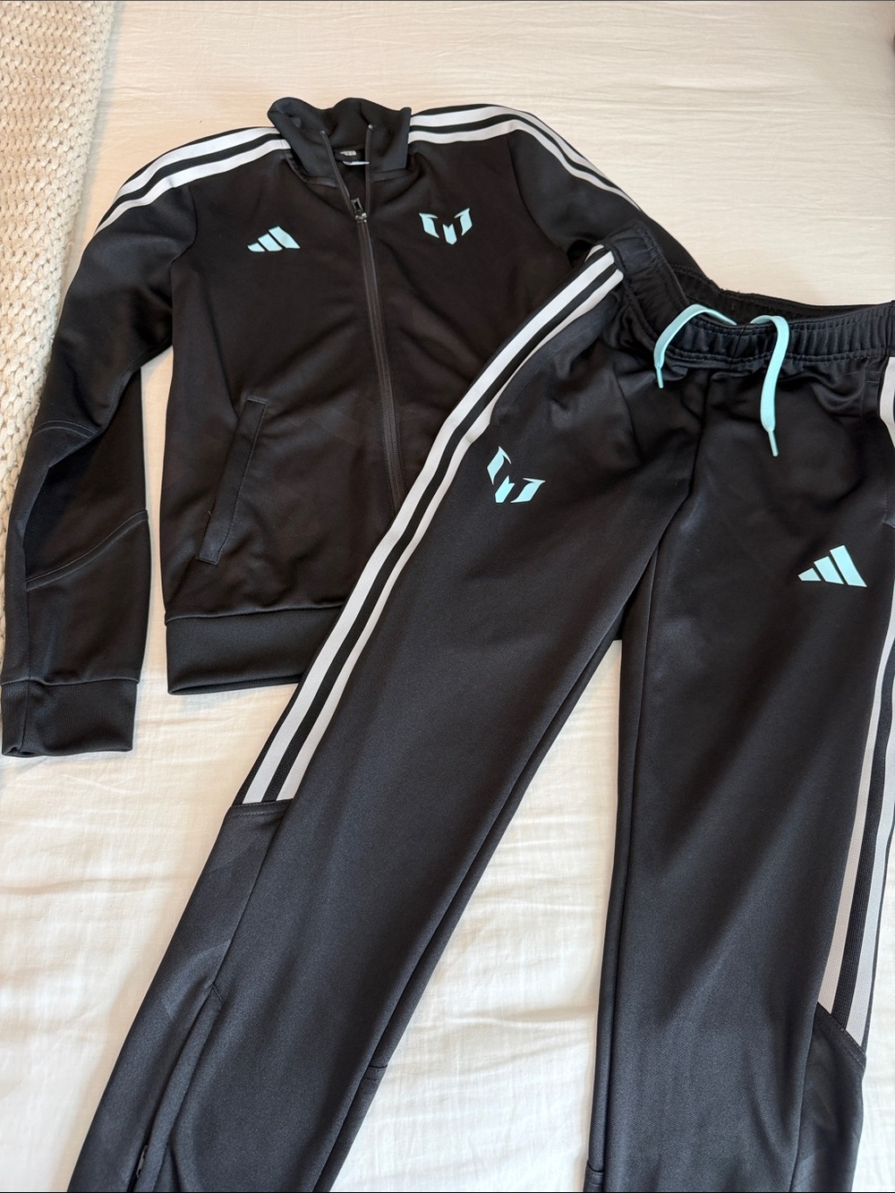 adidas Black Kids Messi Track Jacket & Joggers with Light Blue Accents